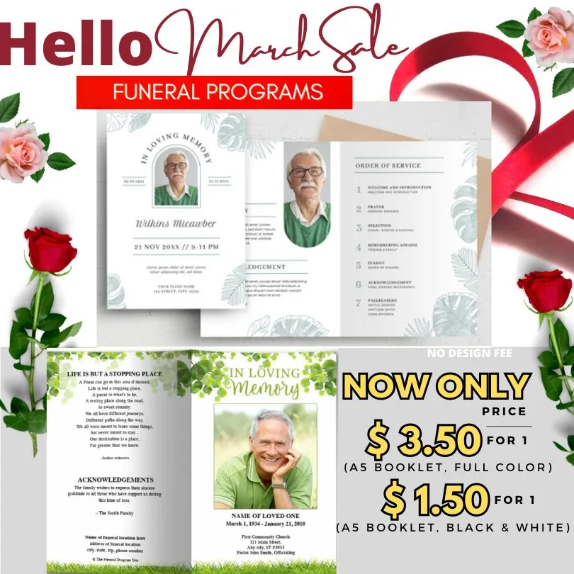 Customizable A5 funeral program booklet with floral and leaf-themed design