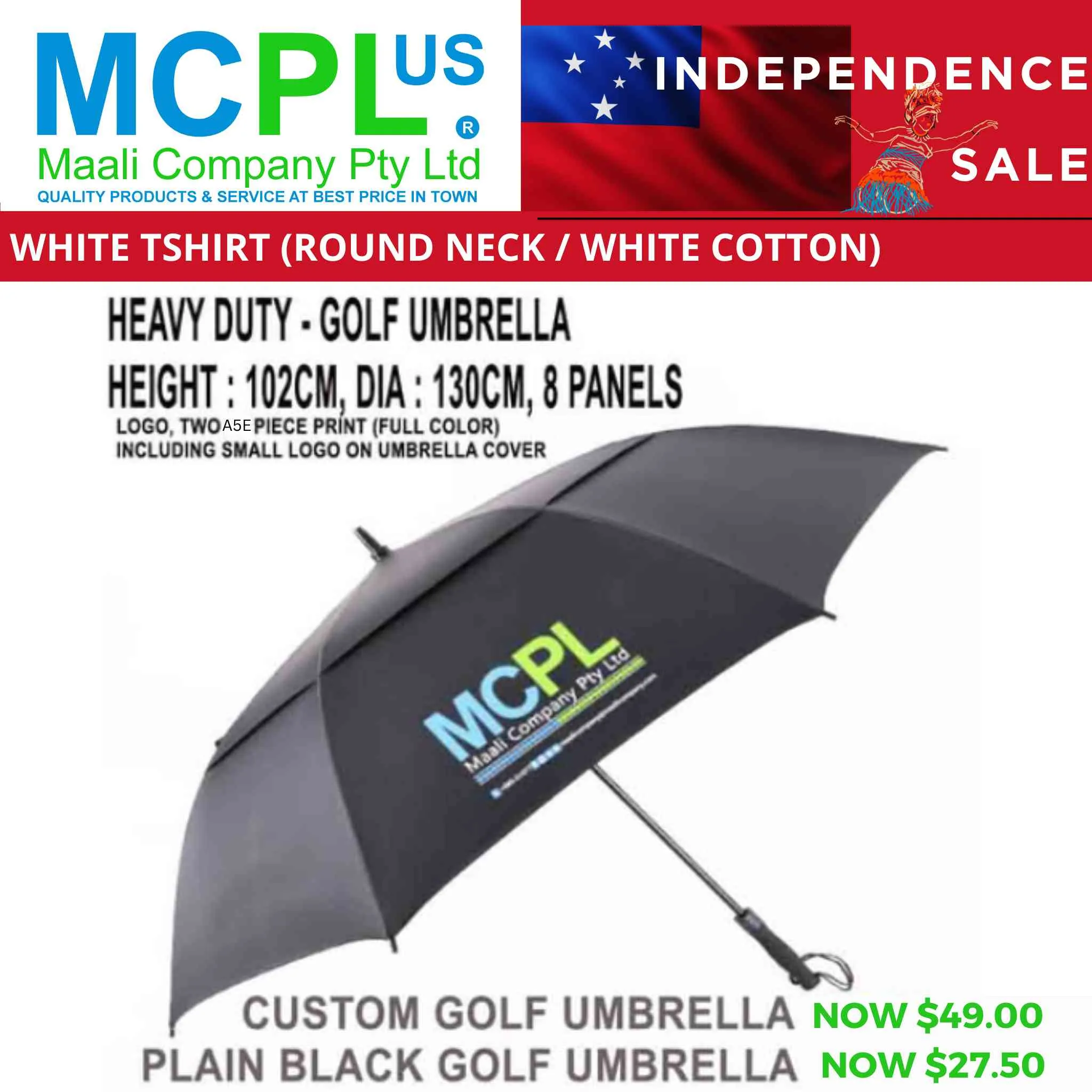 Heavy duty golf umbrella with 8 panels, available in custom print or plain black.