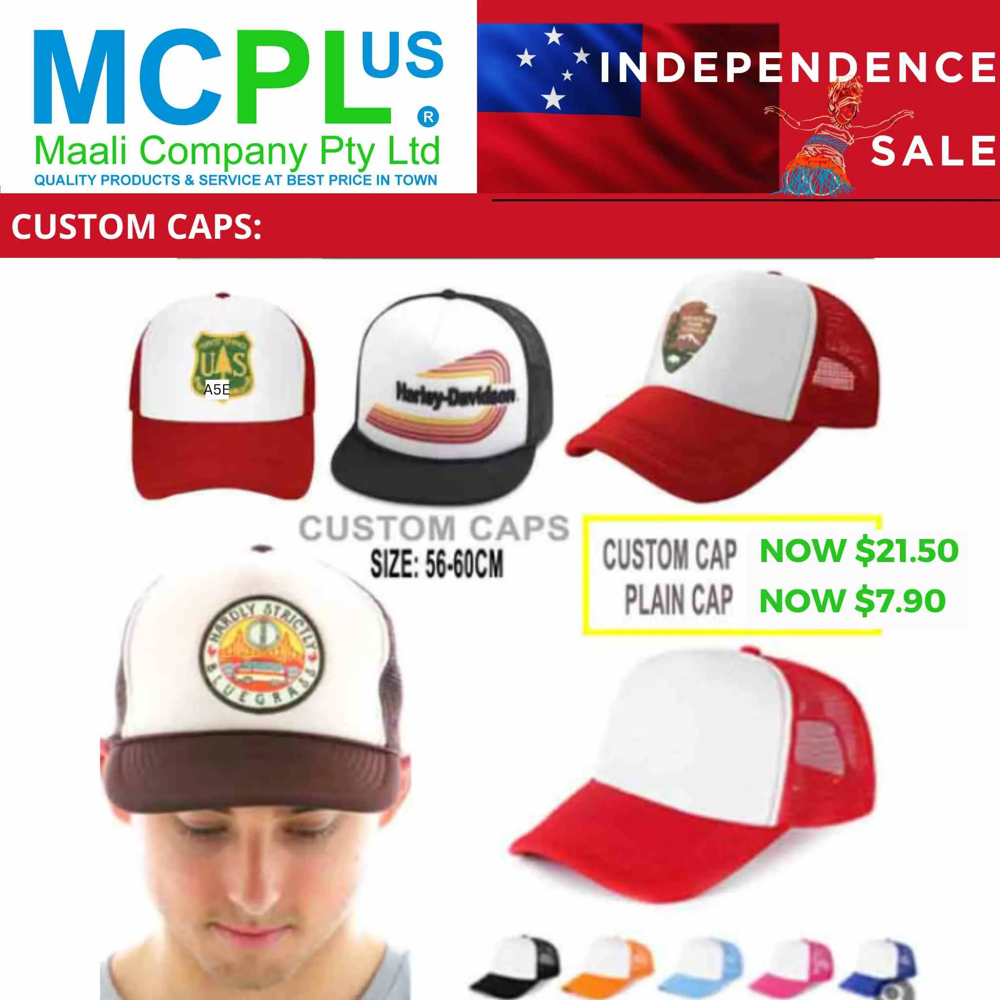 Customizable mesh caps in red, black, orange, blue, pink, and white with adjustable straps.
